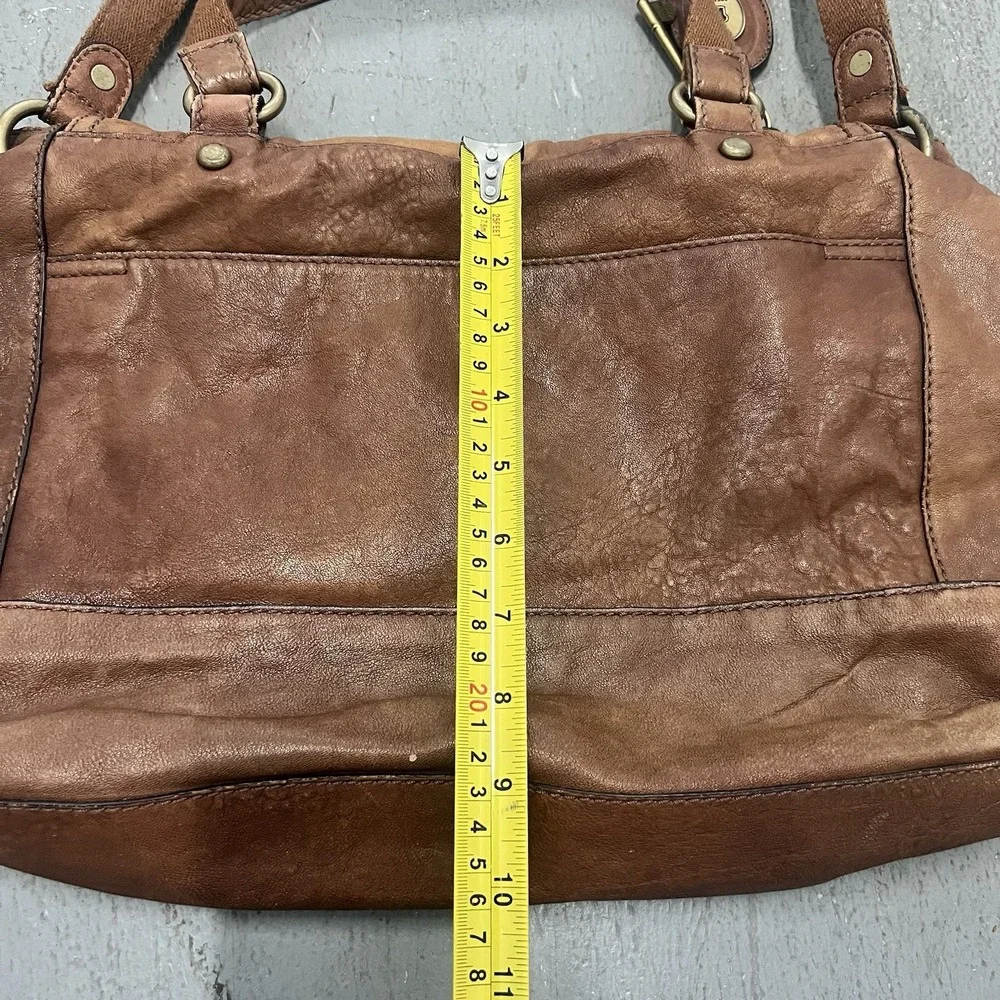 Fossil Leather Satchel Crossbody Bag Cognac Brown Brass Turnlock Key Charm Purse